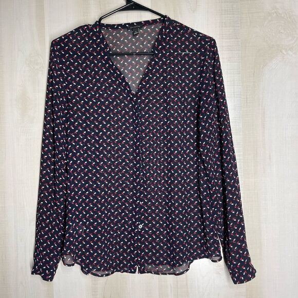 Ann Taylor navy with red and white bottom front blouse‎ long sleeve, size 2 - Picture 1 of 15